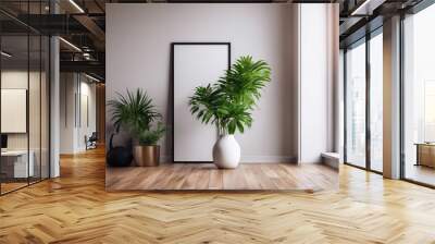 AI generated illustration of a vase with two plants next to an empty photo frame Wall mural