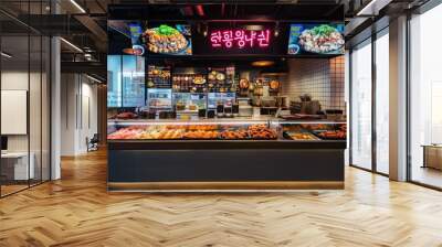 AI-generated illustration of a vast array of food items showcased in a Korean restaurant setting Wall mural