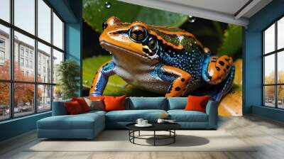 AI-generated illustration of a vibrant blue and orange colored frog perched on a large green leaf Wall mural