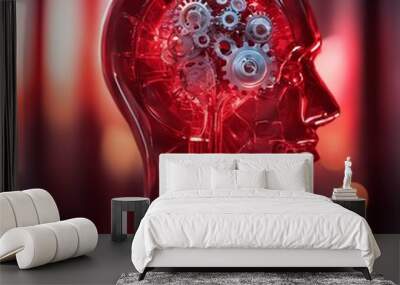 AI-generated illustration of A vibrant red illuminated crystal head adorned with intricate gears Wall mural