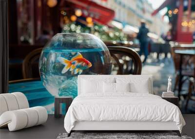 AI generated illustration of a water-filled fish bowl on a restaurant table Wall mural