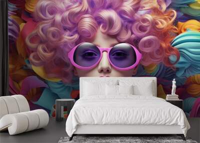 AI generated illustration of a young female in pink sunglasses against vibrant abstract background Wall mural