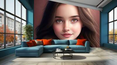 AI generated illustration of a young girl portrait on a pink background Wall mural