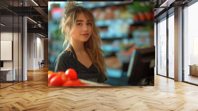 AI generated illustration of a young lady standing at the grocery store counter Wall mural