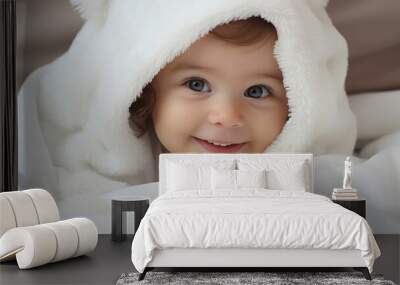 AI generated illustration of an adorable baby wrapped in a white, soft blanket Wall mural