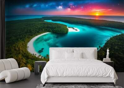 AI generated illustration of an aerial view of a tropical island with lush palm trees at sunset Wall mural