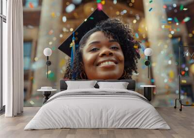 AI generated illustration of an African American woman in a graduation cap and gown Wall mural