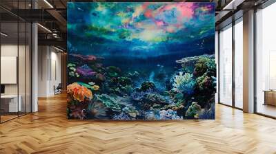 AI generated illustration of coral reef with colorful fish swimming under a wave in the ocean Wall mural