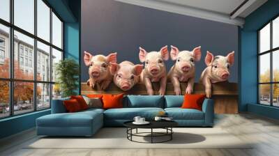 AI generated illustration of five piglets of various sizes perched atop a rustic wooden board Wall mural