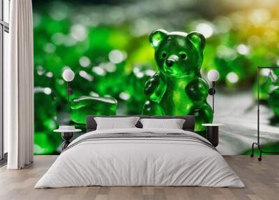 AI generated illustration of green gummy bears, illuminated by the warm sunlight Wall mural