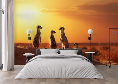 AI generated illustration of meerkats perched atop a golden sand dune Wall mural