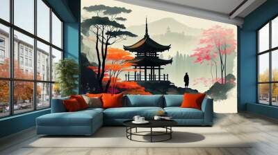 AI generated illustration of painting of japanese landscape with oriental building and sakura trees Wall mural