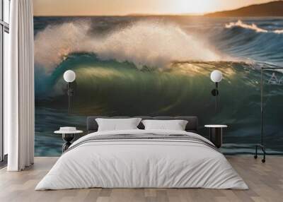 AI generated illustration of sunset featuring a powerful ocean wave crashing into the sea Wall mural