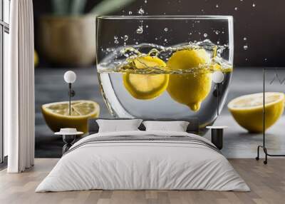 AI generated illustration of two bright yellow lemons submerged in a glass of crystal clear water Wall mural