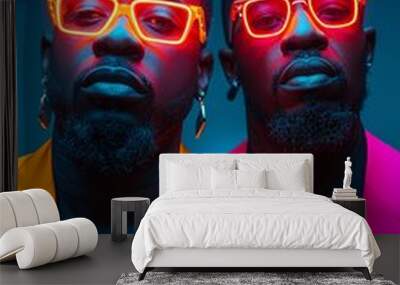 AI generated illustration of two fashionable men in yellow and pink blazers and neon glasses Wall mural