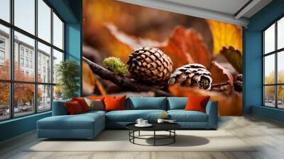 AI generated illustration of two pine cones lying on a tree branch surrounded by lush foliage Wall mural