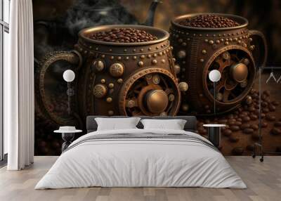 AI generated illustration of two vintage-style coffee mugs with roasted coffee beans Wall mural