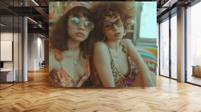 AI generated illustration of two women in stylish and trendy sunglasses posing for the camera Wall mural