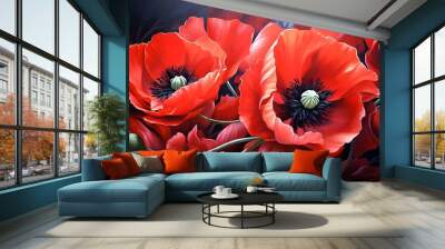 AI generated illustration of vibrant red flowers blossom against a dark black background canvas Wall mural