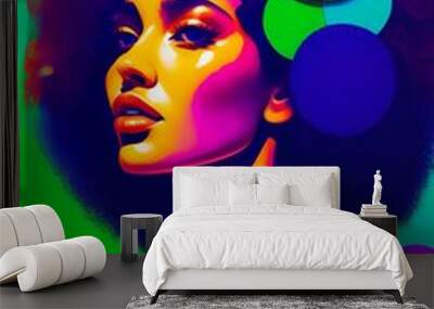 AI-generated pretty Afro woman side portrait on pop-style abstract colorful background Wall mural