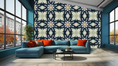 AI Illustration of abstract blue and green pattern with circles, leaves, and flowers on fabric Wall mural