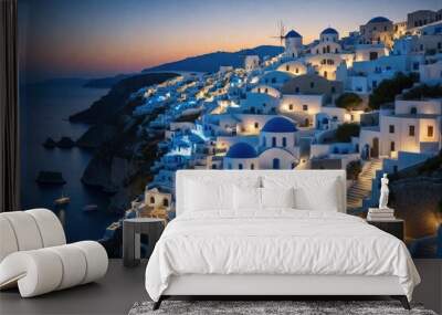 An AI illustration of a beautiful view of the sea and town lit by dusk Wall mural