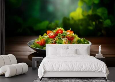 An AI illustration of the plate is full of vegetables sitting on a table with some trees in the back Wall mural