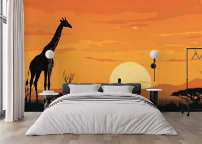 an illustration of a man watching giraffes in africa Wall mural