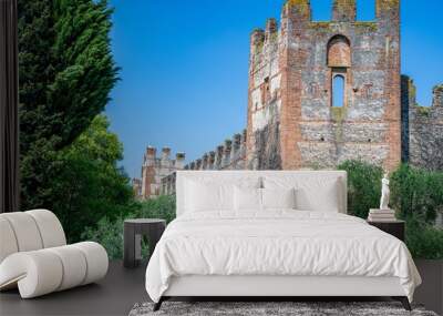 Ancient Scaligero Castle with a beautiful blue sky and green trees around in Lazise, Italy Wall mural