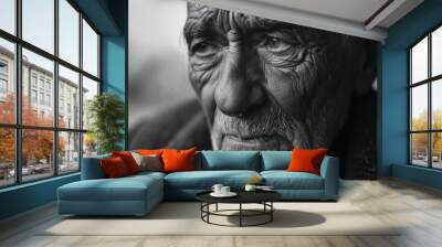 black and white photo of a person with wrinkles and eyes Wall mural