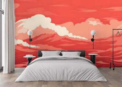 cartoon sea wave on red sky and clouds illustration Wall mural