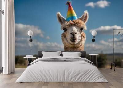 Charismatic alpaca wearing a colorful party hat against a clear blue sky backdrop Wall mural