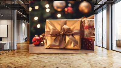 Christmas presents on the counter near a Christmas tree and gold Christmas decorations Wall mural