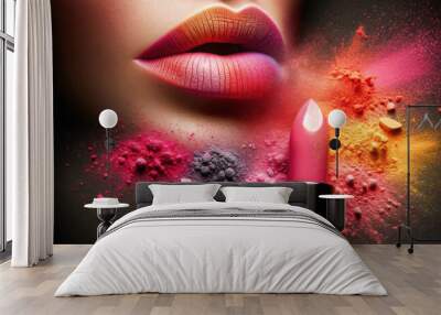 Close-up of a woman's lips, artistically painted in a gradient of pink to orange, AI-generated. Wall mural