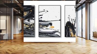 collection of three abstract paintings on canvas featuring splashes of gold paint Wall mural