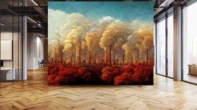 Painting of destroyed nature and factories working - climate change, global warming concept Wall mural