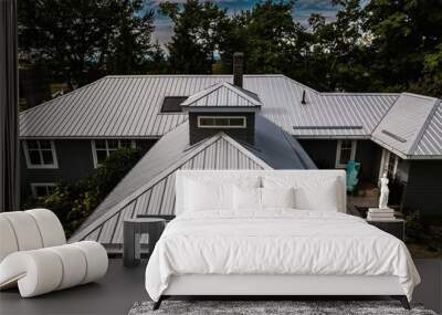 Drone view of the roof of a house with trees in background Wall mural