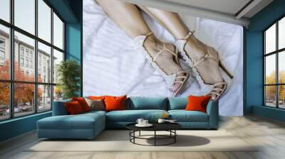 Closeup shot of woman luxury shoes on the white background Wall mural