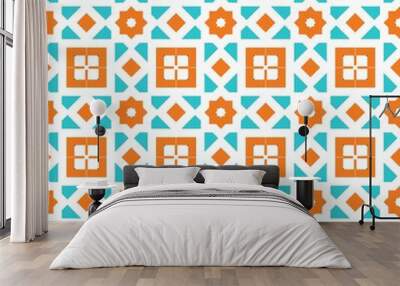 Geometric pattern with orange and blue shapes creating a repetitive design. Wall mural