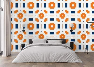 Geometric pattern with orange and blue shapes creating a repetitive design. Wall mural