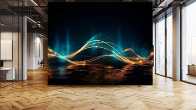 Golden and blue glowing light neon speed wave lines abstract background. AI generative illustration Wall mural