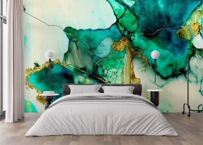 green abstract paint with gold accents canvas print featuring water, dirt and leaf Wall mural