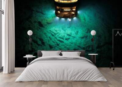 High-powered lamp illuminating a deep underwater exploration scene Wall mural