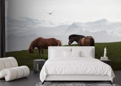 Horses grazing with mountain backdrop Wall mural