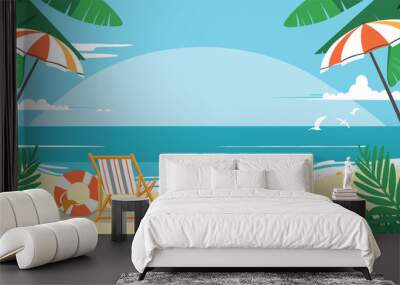 Illustration of a tropical beach with umbrellas, a deck chair, and a lifebuoy under a clear blue sky Wall mural