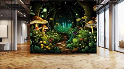 many mushrooms stand on the path in a forest at night Wall mural