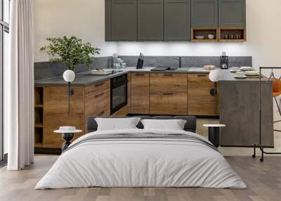 Modern kitchen with wooden and gray cabinets Wall mural