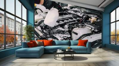 Person wearing gloves cleaning the car engine and interior parts Wall mural