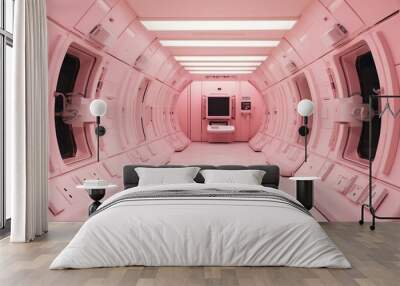 Pink retro sci-fi spaceship hallway design. AI-generated. Wall mural