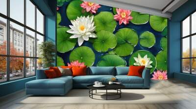 pink water lily flower surrounded by leaves in the water - Wall mural